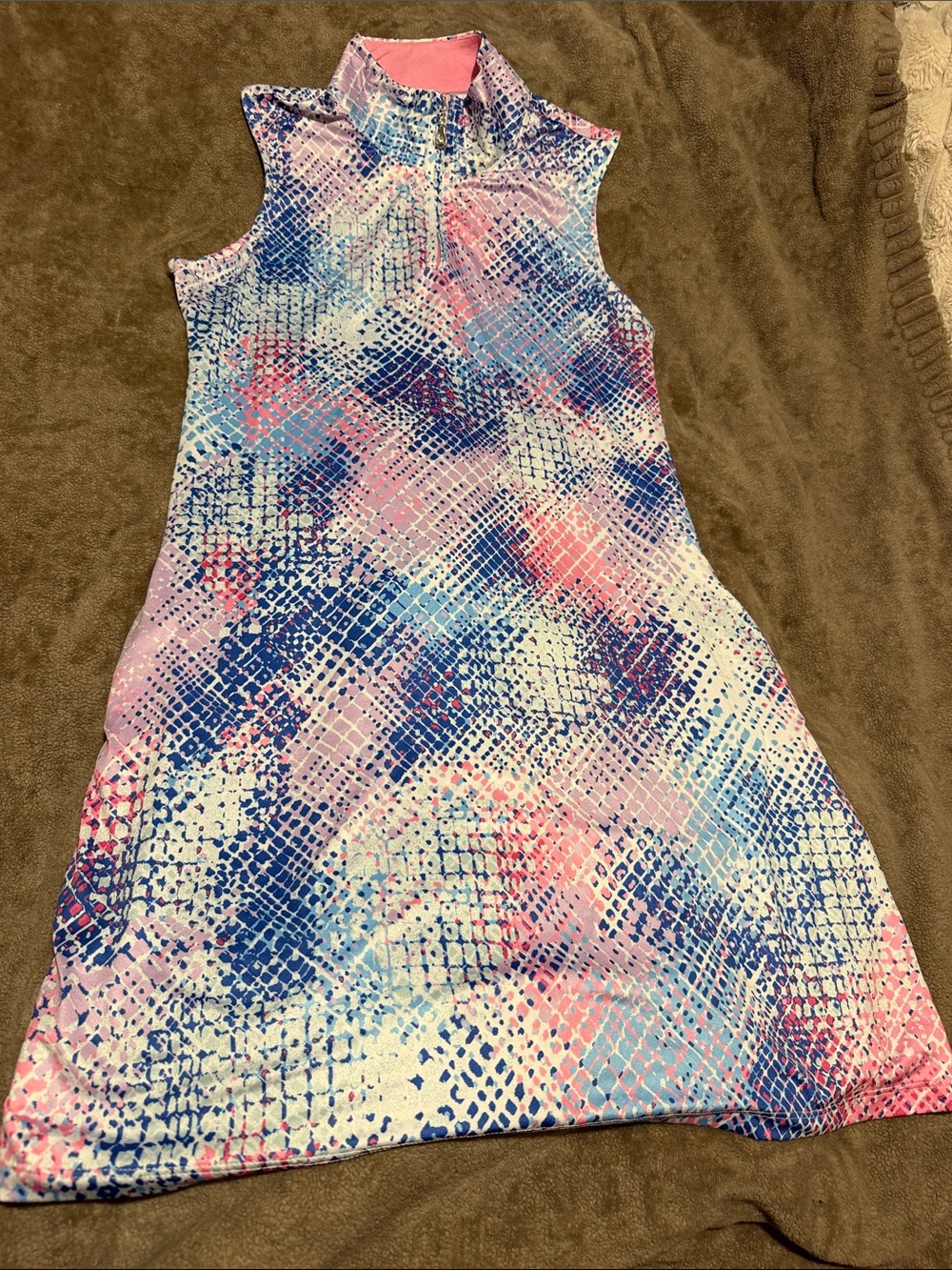 Girls' Sleeveless Printed A-Line Dress in Pink & Blue